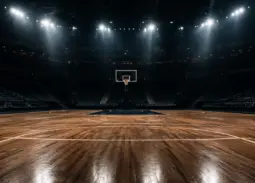 Üres kosárlabda aréna reflektorokkal az NBA playoff hangulatában